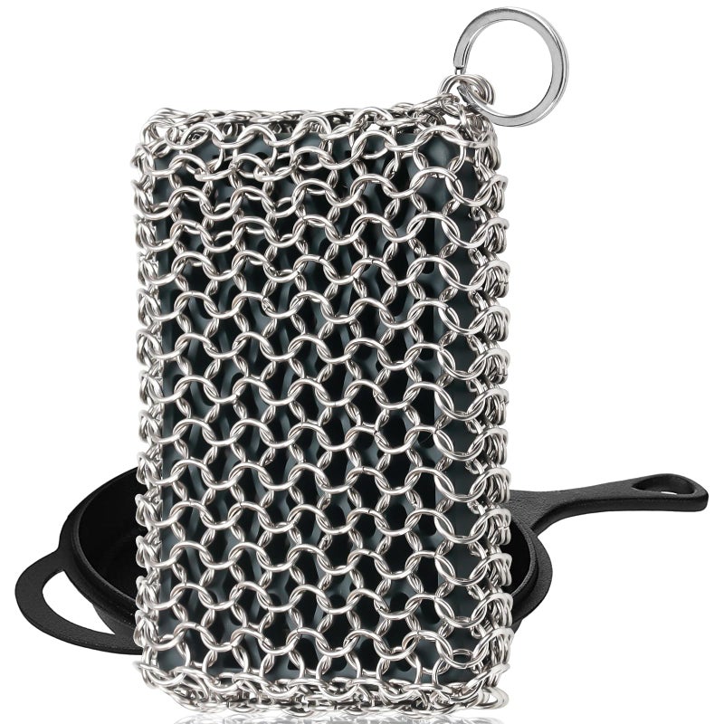 Herda Chain Mail Cast Iron Cleaner Scrubber,316 Chainmail Pan Scrubber Metal Cleaning Brush, Pad, Sponge Scraper to Clean Skillet,Dutch Oven, Wok,Grill Griddle,Chain Link Scrub Brush Pot Care Kit - Image 1